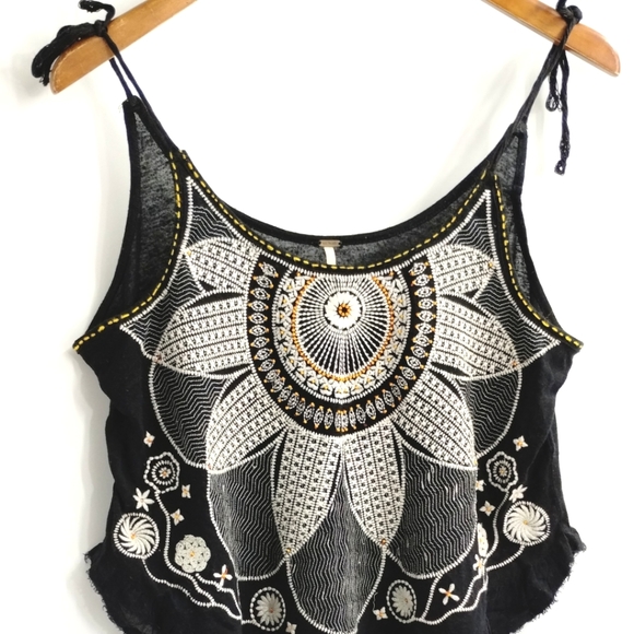 Free People Black Embroidered Linen Blend Tank Top - Picture 2 of 8